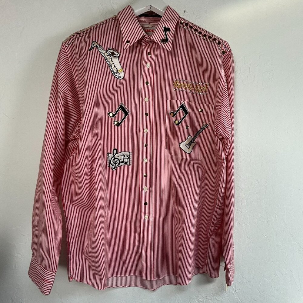 Vintage Mardel Striped Button-Up Shirt Large Musical Embroidery Handcrafted New